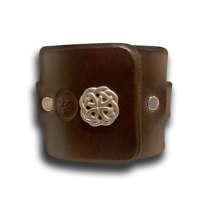 Bison Brown Leather Cuff Wristband with Weaved Strap & Celtic Snap-Leather Cuffs & Wristbands-Rockstar Leatherworks™