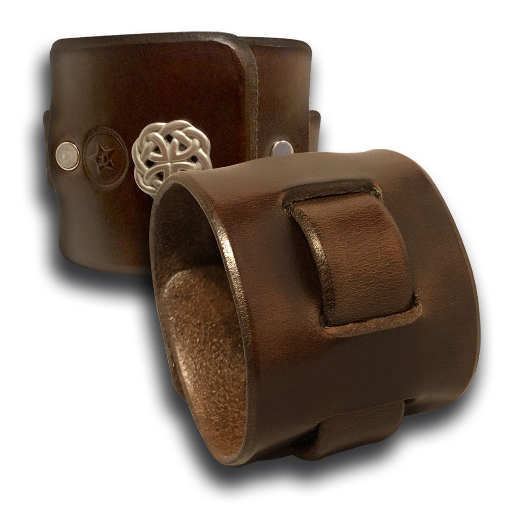 Bison Brown Leather Cuff Wristband with Weaved Strap & Celtic Snap-Leather Cuffs & Wristbands-Rockstar Leatherworks™