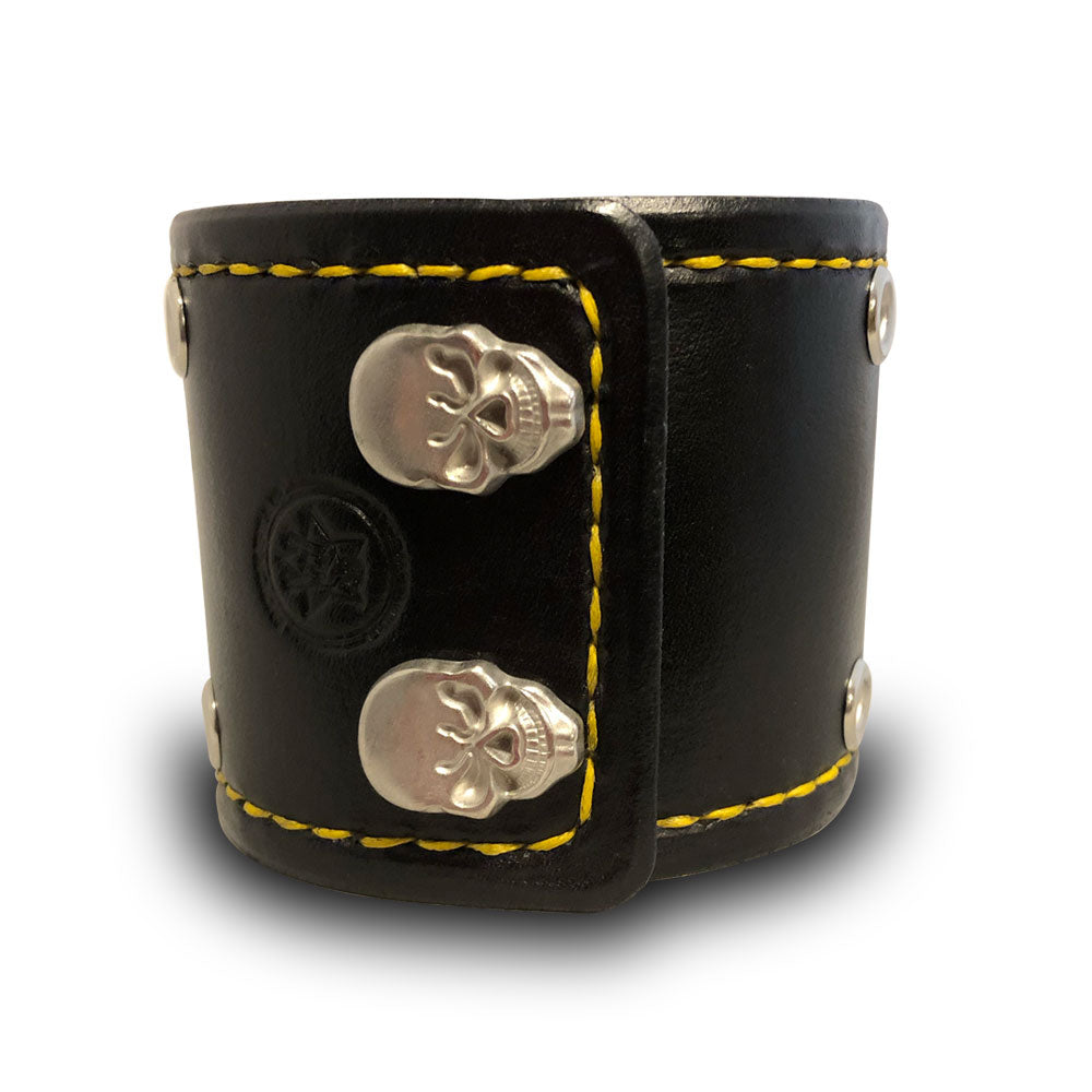 Wide Black Leather Cuff Wristband with Eyelets, Stitching & Skull Snaps-Leather Cuffs & Wristbands-Rockstar Leatherworks™