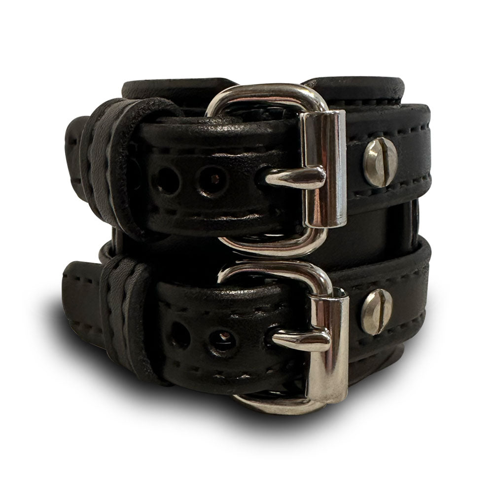 Black Layered Double Strap Leather Cuff Wristband with Buckles-Leather Cuffs & Wristbands-Rockstar Leatherworks™