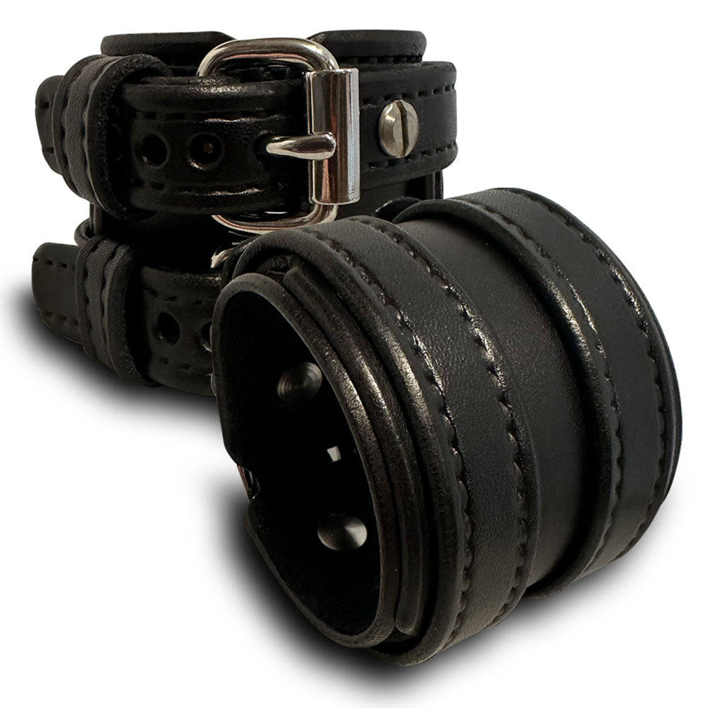 Black Layered Double Strap Leather Cuff Wristband with Buckles-Leather Cuffs & Wristbands-Rockstar Leatherworks™
