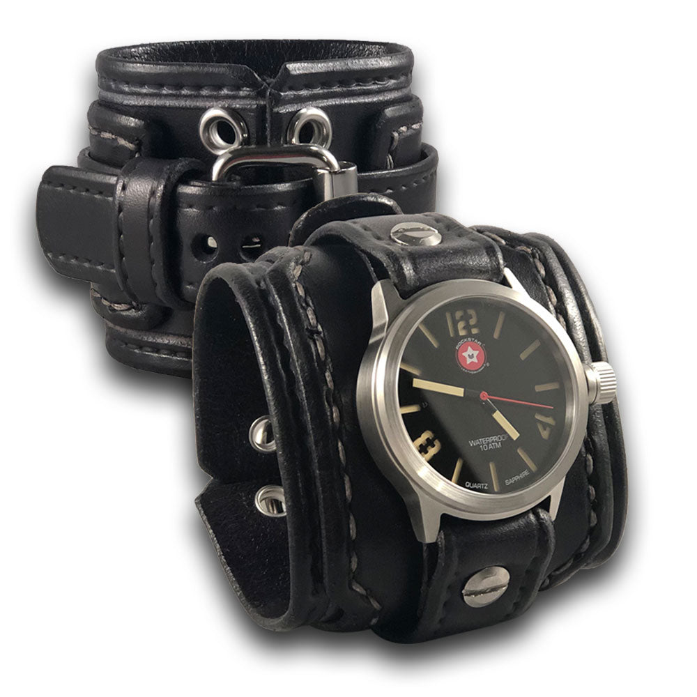 Black Layered Leather Cuff Watch with Stainless 42mm Watch-Leather Cuff Watches-Rockstar Leatherworks™