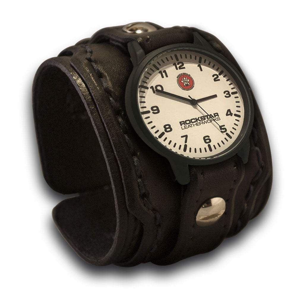 Black Layered Leather Cuff Watch Stitched & Layered Cuff-Leather Cuff Watches-Rockstar Leatherworks™