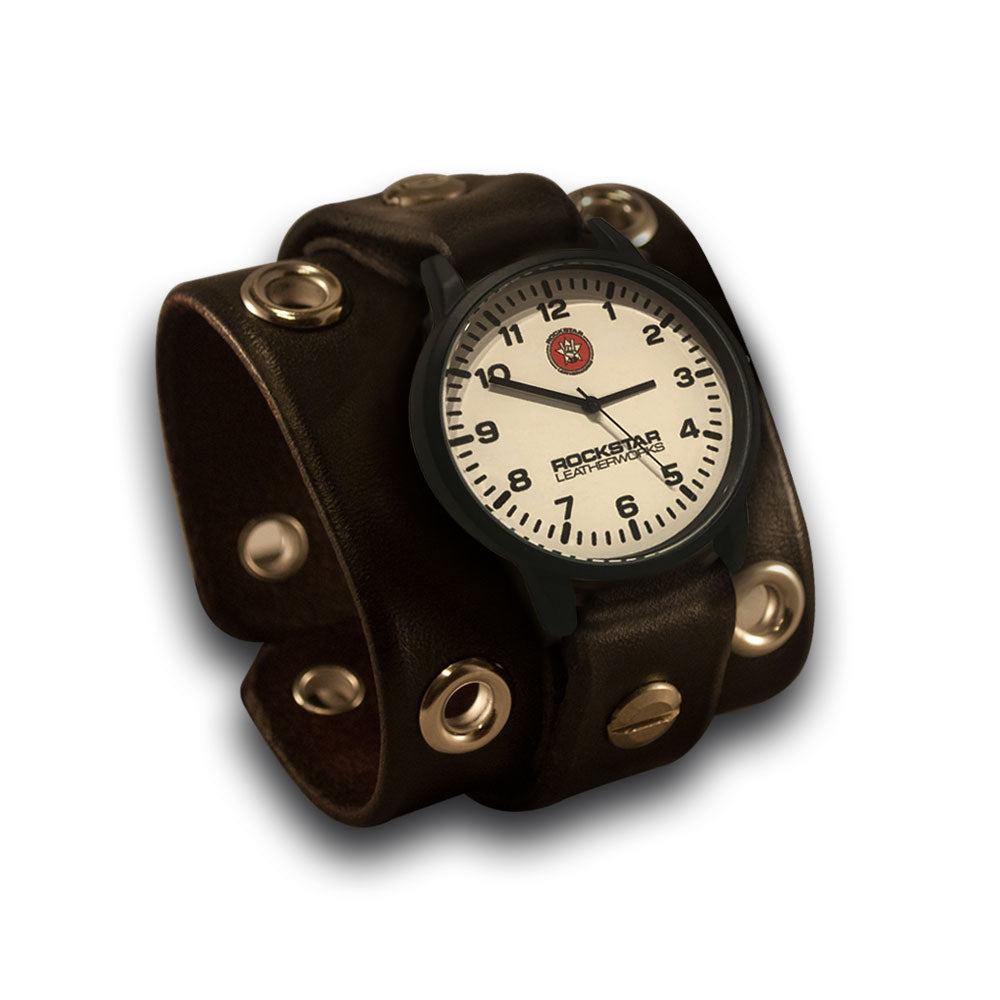 Black Leather Cuff Watch with Stainless Steel Eyelets & Buckle-Leather Cuff Watches-Rockstar Leatherworks™