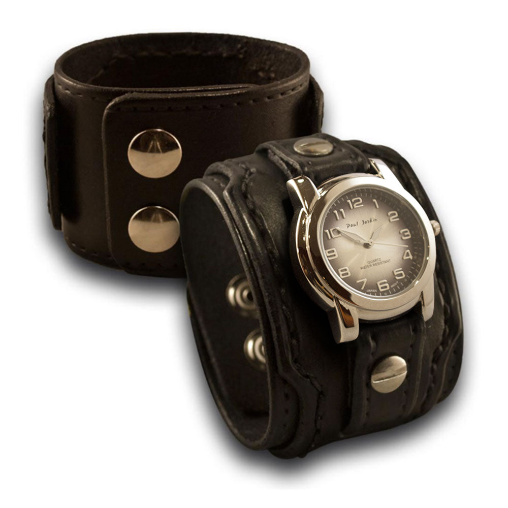 Black Layered Leather Cuff Watch with Stainless Snaps-Leather Cuff Watches-Rockstar Leatherworks™