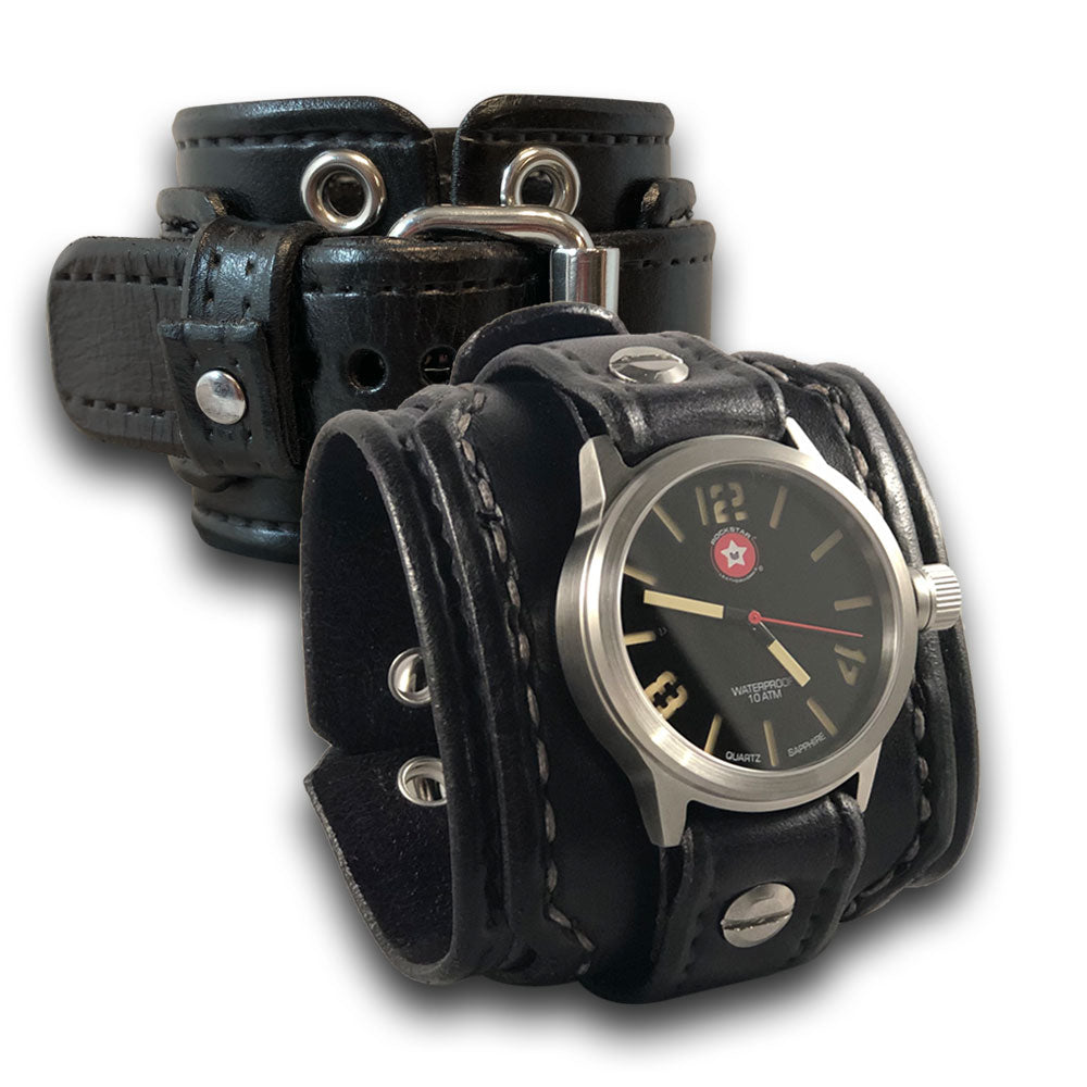 Black Layered Leather Cuff Watch with Stainless 42mm Watch