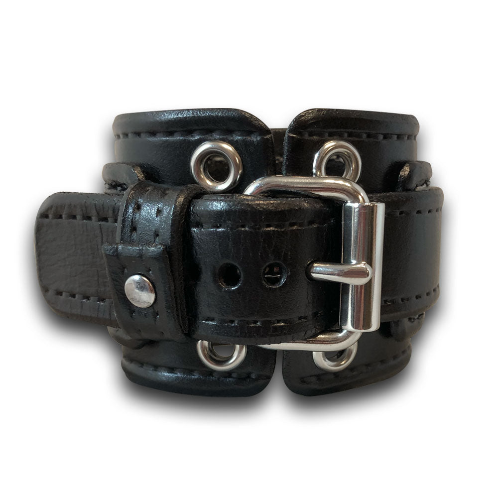Black Layered Leather Cuff Watch with Stainless 42mm Watch-Leather Cuff Watches-Rockstar Leatherworks™
