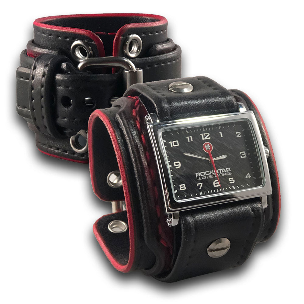 Black & Red Layered Wide Leather Cuff Watch with Eyelets-Leather Cuff Watches-Rockstar Leatherworks™