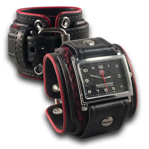 Black & Red Layered Drake Leather Cuff Watch with Eyelets-Leather Cuff Watches-Rockstar Leatherworks™