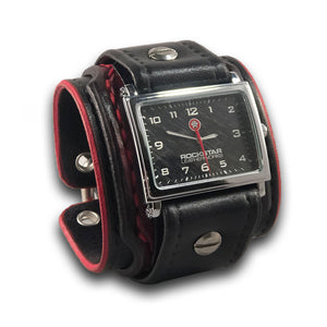 Black & Red Layered Wide Leather Cuff Watch with Eyelets-Leather Cuff Watches-Rockstar Leatherworks™