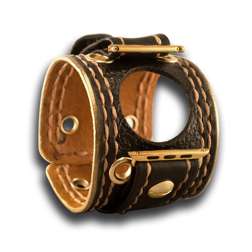 Black and Gold Apple iWatch Leather Cuff Band with Brass Eyelets-Custom Handmade Leather Watch Bands-Rockstar Leatherworks™