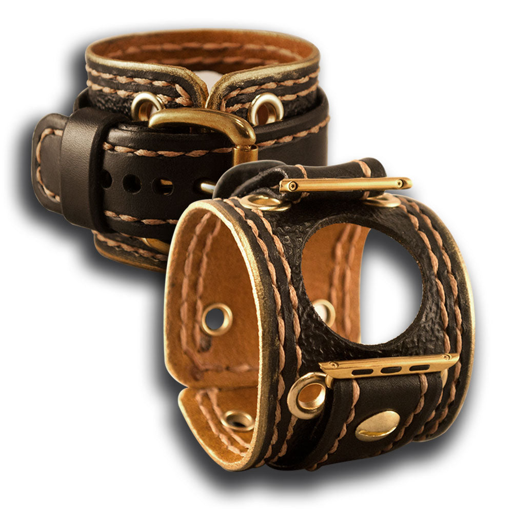 Black and Gold Apple iWatch Leather Cuff Band with Brass Eyelets-Custom Handmade Leather Watch Bands-Rockstar Leatherworks™