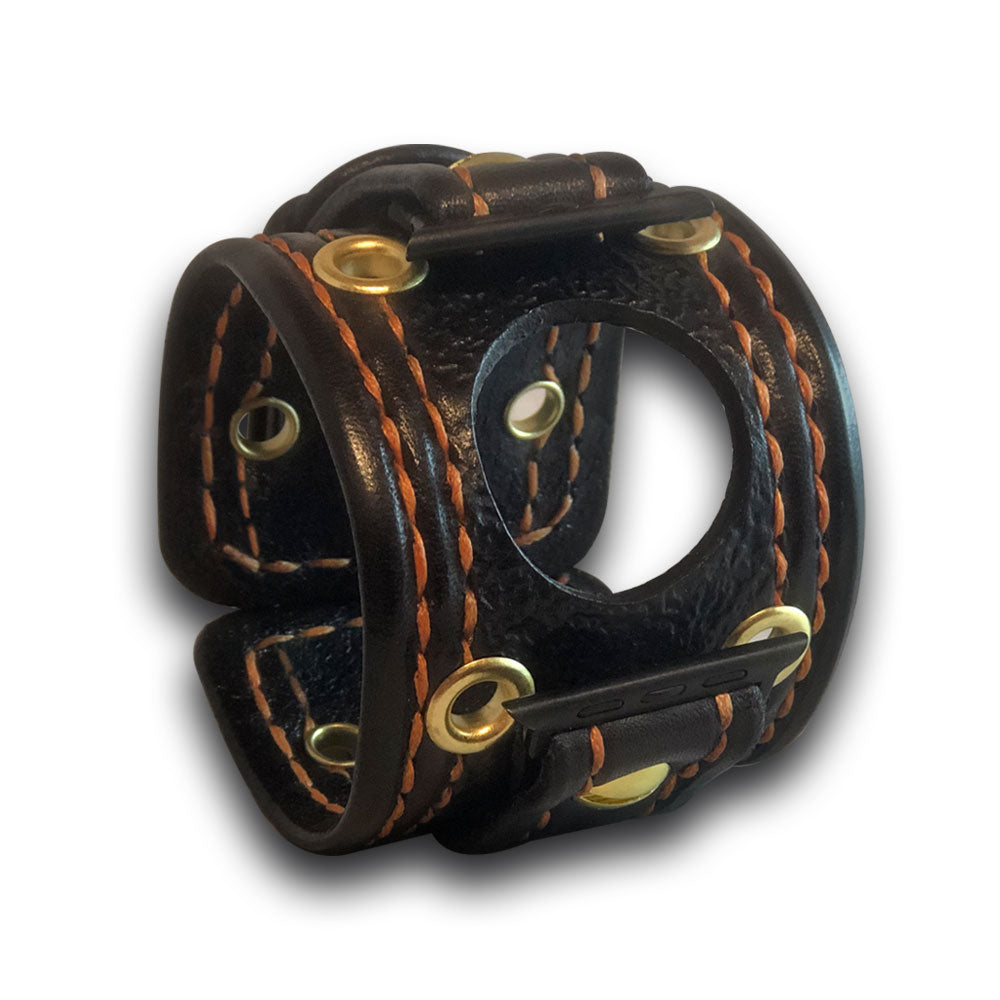 Black & Orange Apple Leather Cuff Band with Brass Eyelets-Custom Handmade Leather Watch Bands-Rockstar Leatherworks™