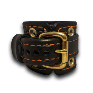 Black & Orange Apple Leather Cuff Band with Brass Eyelets-Custom Handmade Leather Watch Bands-Rockstar Leatherworks™