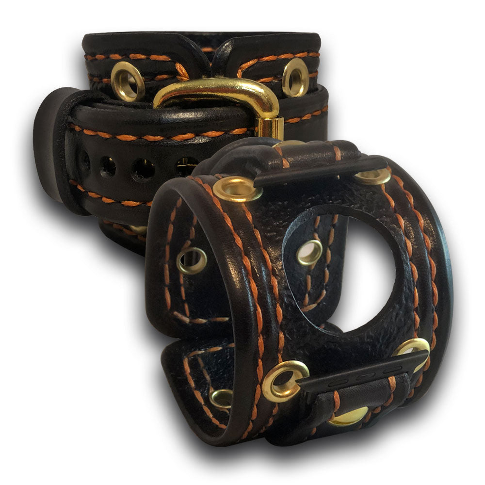Black & Orange Apple Leather Cuff Band with Brass Eyelets-Custom Handmade Leather Watch Bands-Rockstar Leatherworks™