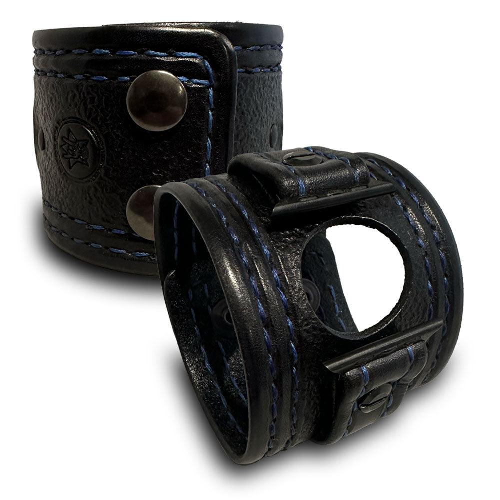 Black &amp; Blue Apple Watch Leather Cuff Watch Band with Black Snaps-Custom Handmade Leather Watch Bands-Rockstar Leatherworks™