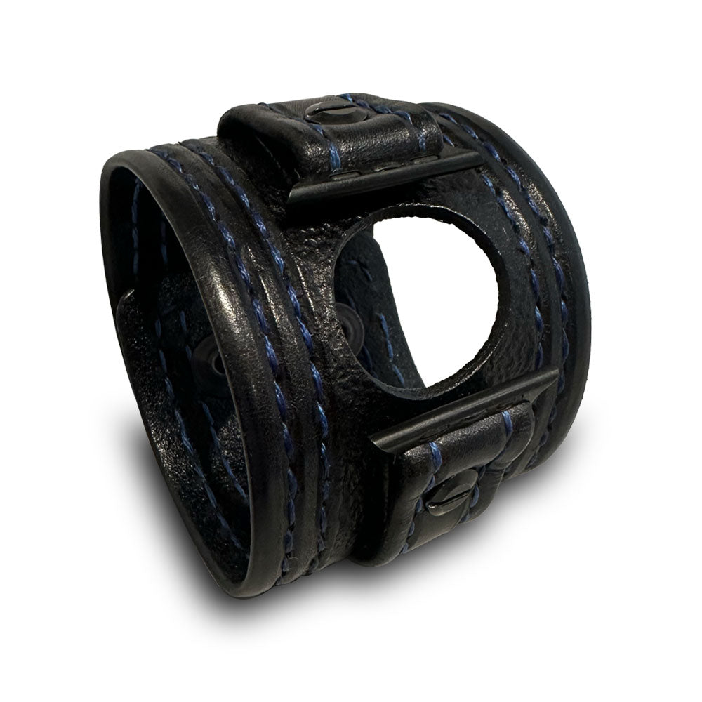Black & Blue Apple Watch Leather Cuff Watch Band with Black Snaps-Custom Handmade Leather Watch Bands-Rockstar Leatherworks™