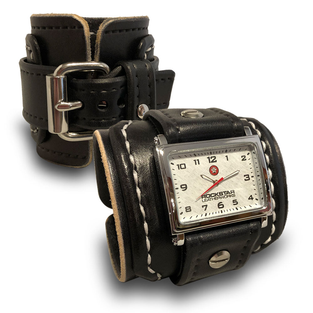 Black Wide Layered Leather Cuff Watch-Leather Cuff Watches-Rockstar Leatherworks™