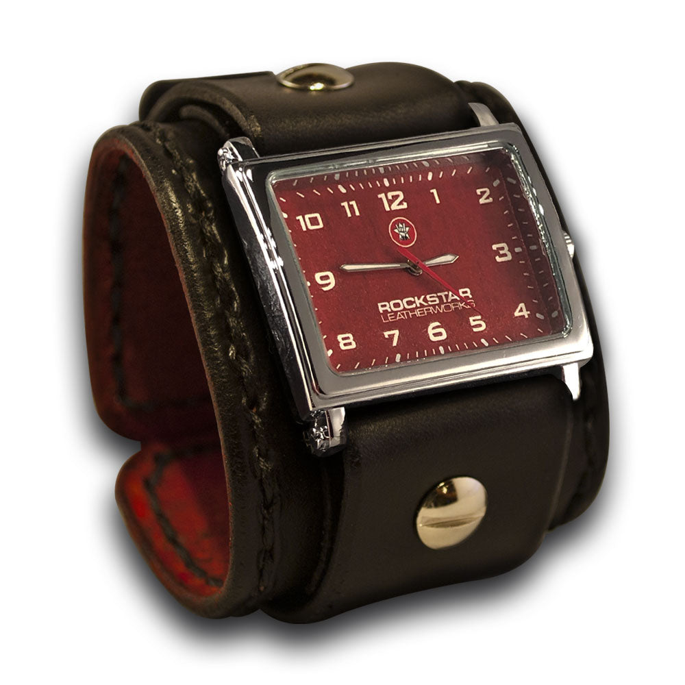 Black Leather Cuff Watch with Red Watch Face & Black Stitching-Leather Cuff Watches-Rockstar Leatherworks™
