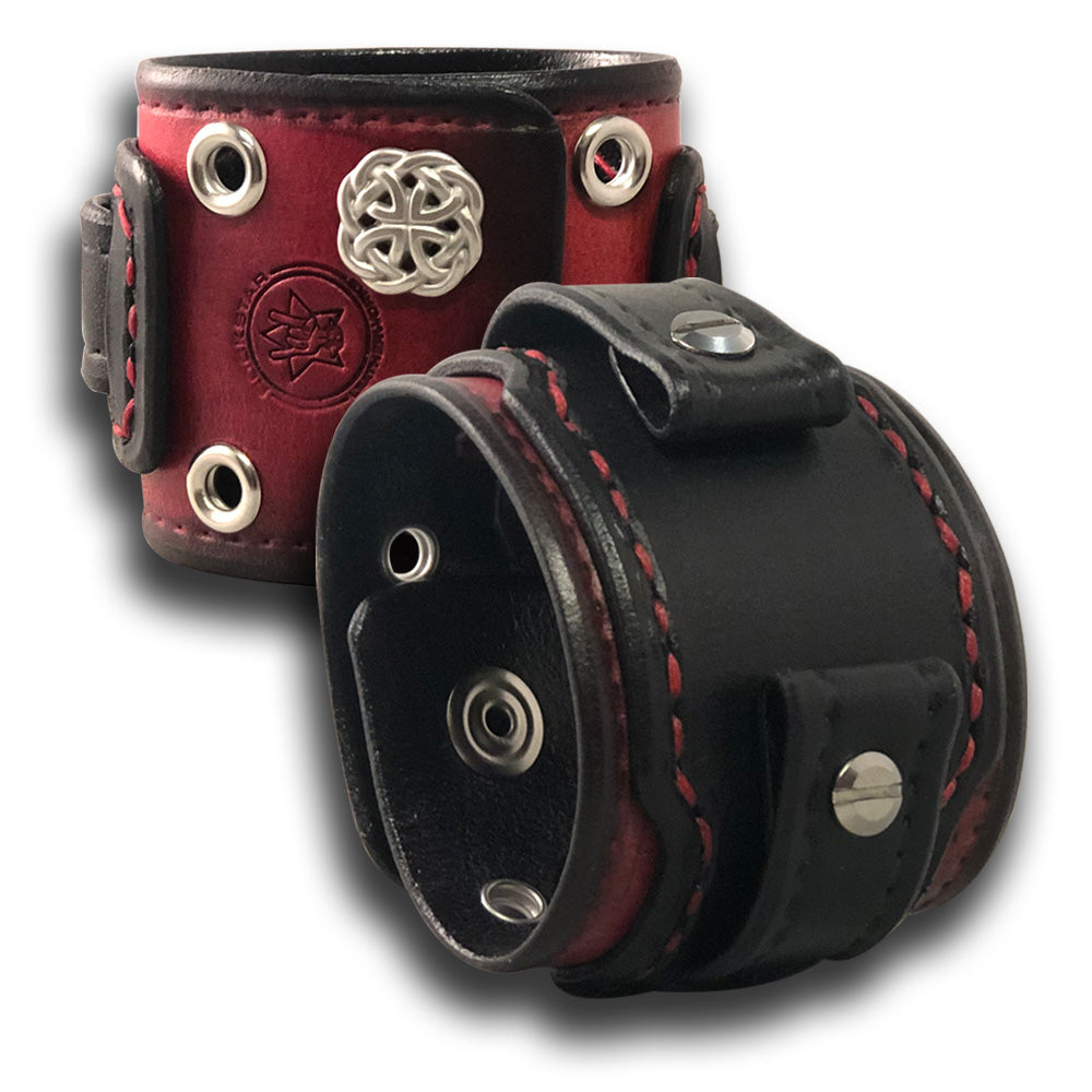 Black and Red Layered Leather Cuff Watch Band with Eyelets & Snaps-Custom Handmade Leather Watch Bands-Rockstar Leatherworks™