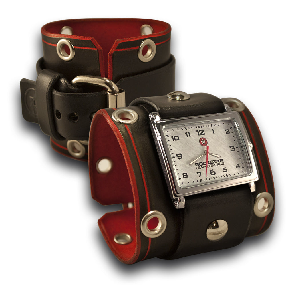 Rockstar Black & Red Leather Cuff Watch with Stainless Eyelets-Leather Cuff Watches-Rockstar Leatherworks™