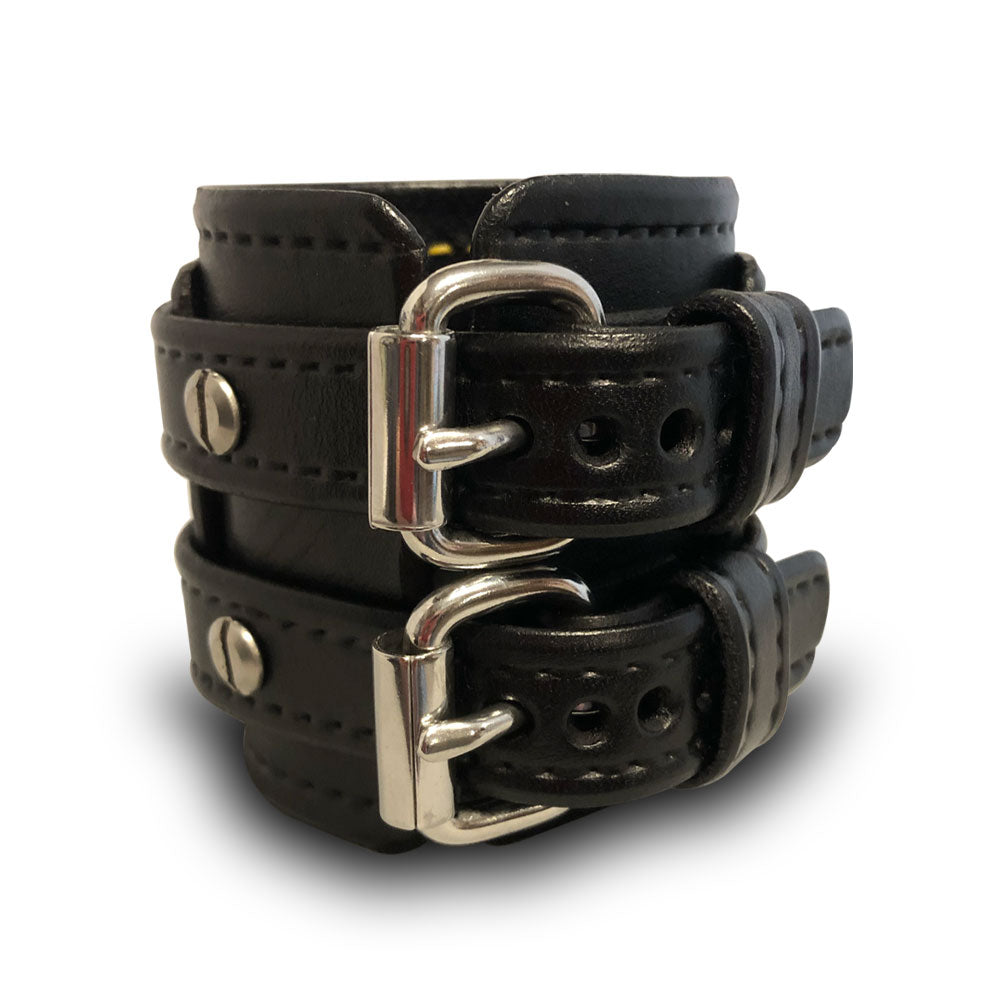 Black & Red Leather Double Strap Double Buckle Cuff Wristband-Leather Cuffs & Wristbands-Rockstar Leatherworks™