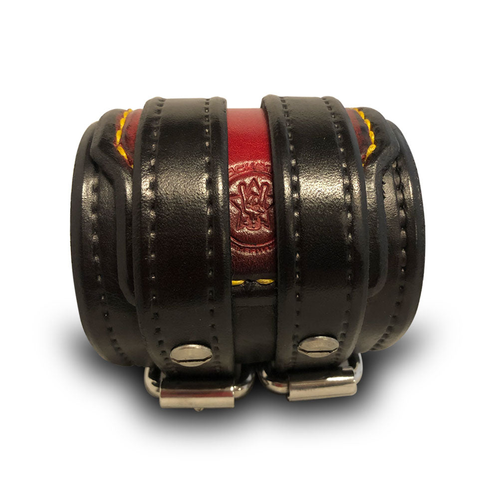 Black & Red Leather Double Strap Double Buckle Cuff Wristband-Leather Cuffs & Wristbands-Rockstar Leatherworks™