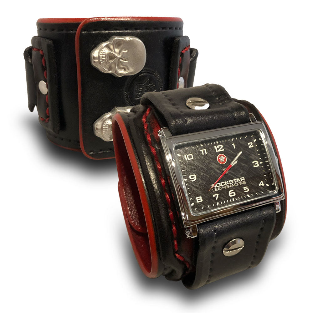 Black & Red Layered Wide Leather Cuff Watch with Skull Snaps-Leather Cuff Watches-Rockstar Leatherworks™