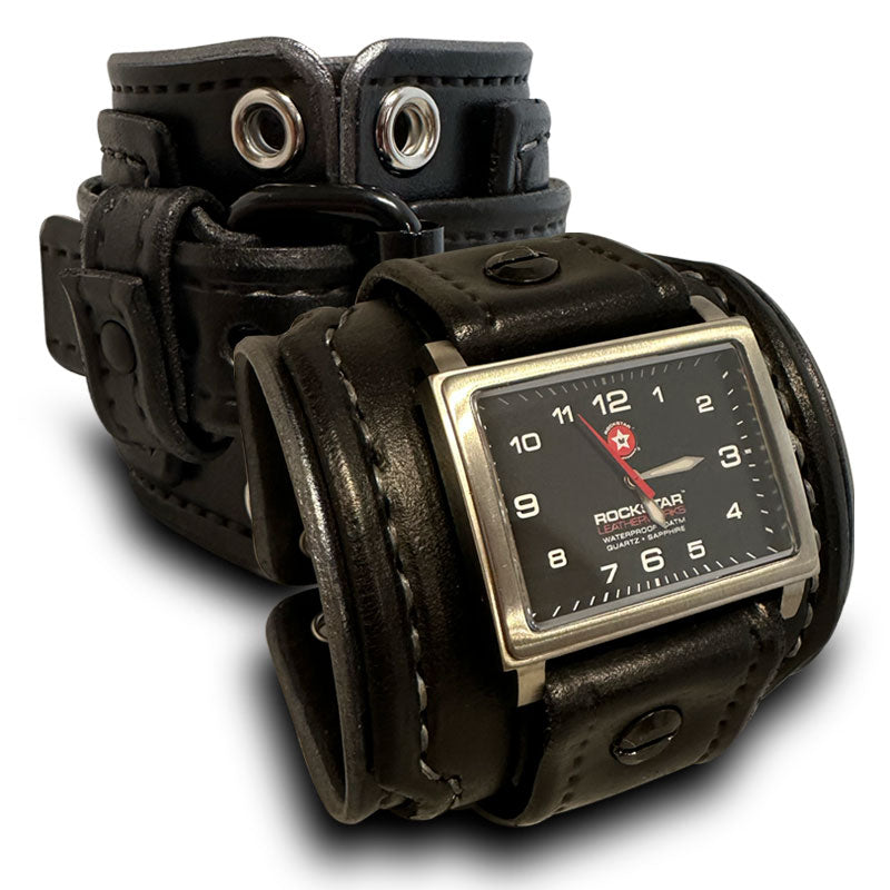 Black Layered Leather Cuff Watch with 42mm Stainless Watch