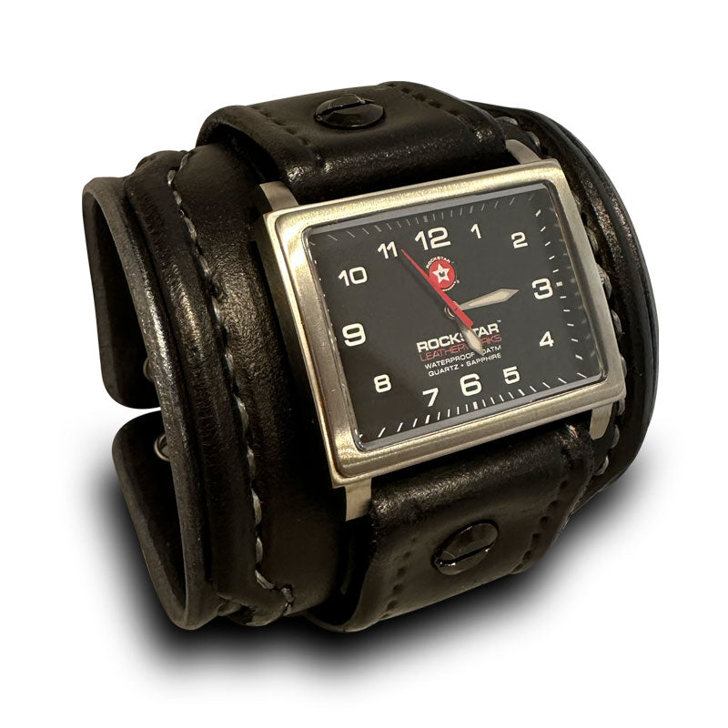 Black Layered Leather Cuff Watch with 42mm Stainless Watch