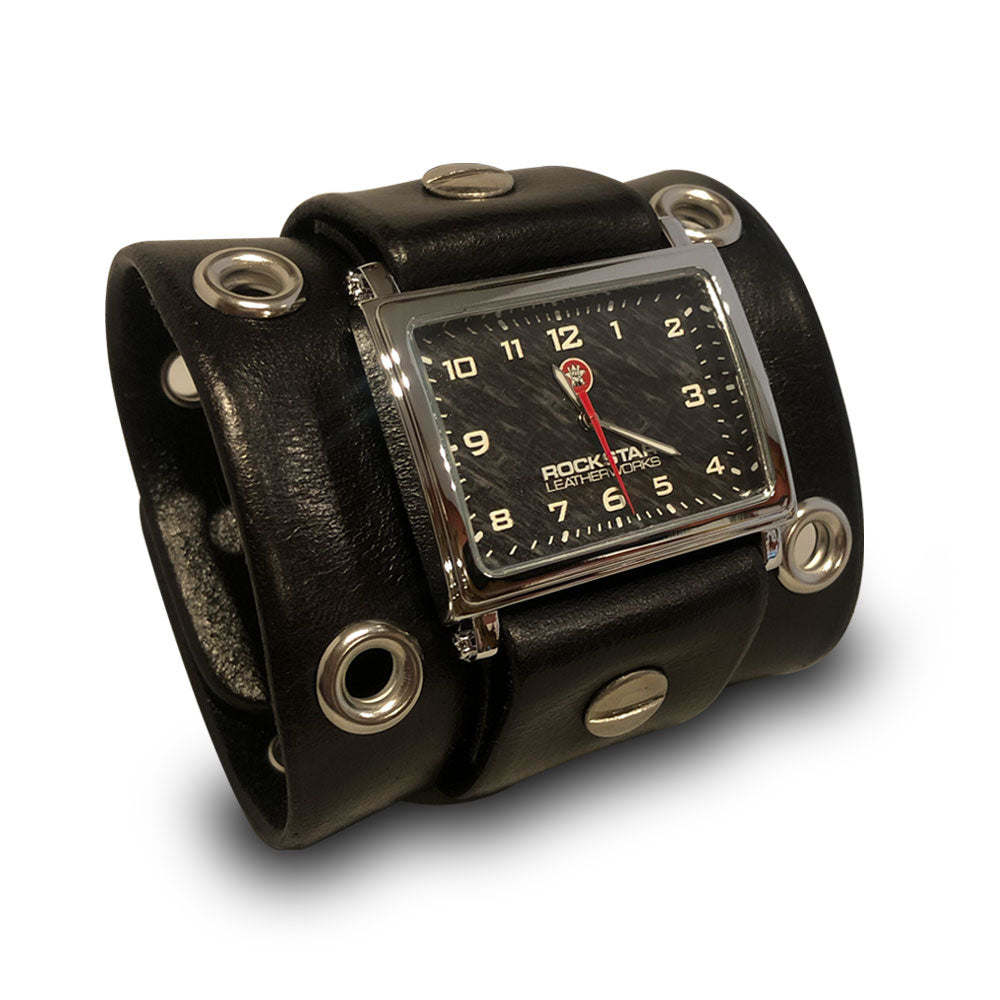 Wide Black Leather Cuff Watch with Skull Snaps & Eyelets-Leather Cuff Watches-Rockstar Leatherworks™