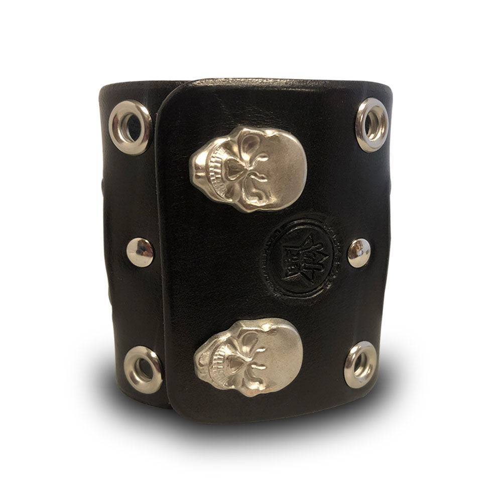 Wide Black Leather Cuff Watch with Skull Snaps & Eyelets-Leather Cuff Watches-Rockstar Leatherworks™