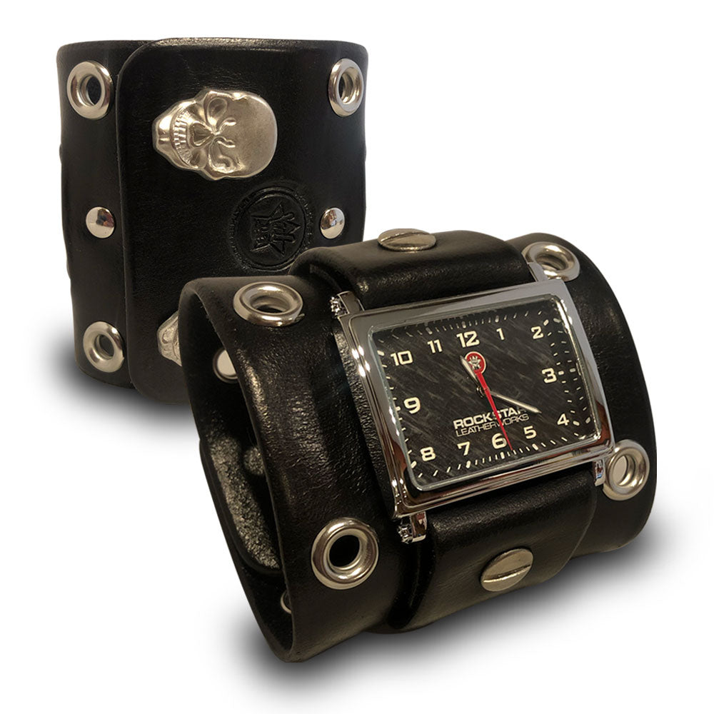 Wide Black Leather Cuff Watch with Skull Snaps & Eyelets-Leather Cuff Watches-Rockstar Leatherworks™