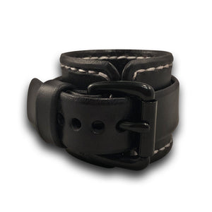 Wide Black Leather Cuff Watch Band with Stitching and Black Buckle-Custom Handmade Leather Watch Bands-Rockstar Leatherworks™