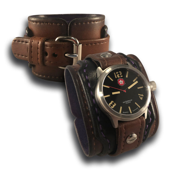 Black & Brown Layered Leather Cuff Watch - Rockstar Black & Brown Layered Leather Cuff Watch - Rockstar