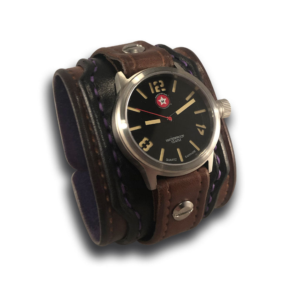Black & Brown Layered Leather Cuff Watch-Leather Cuff Watches-Rockstar Leatherworks™