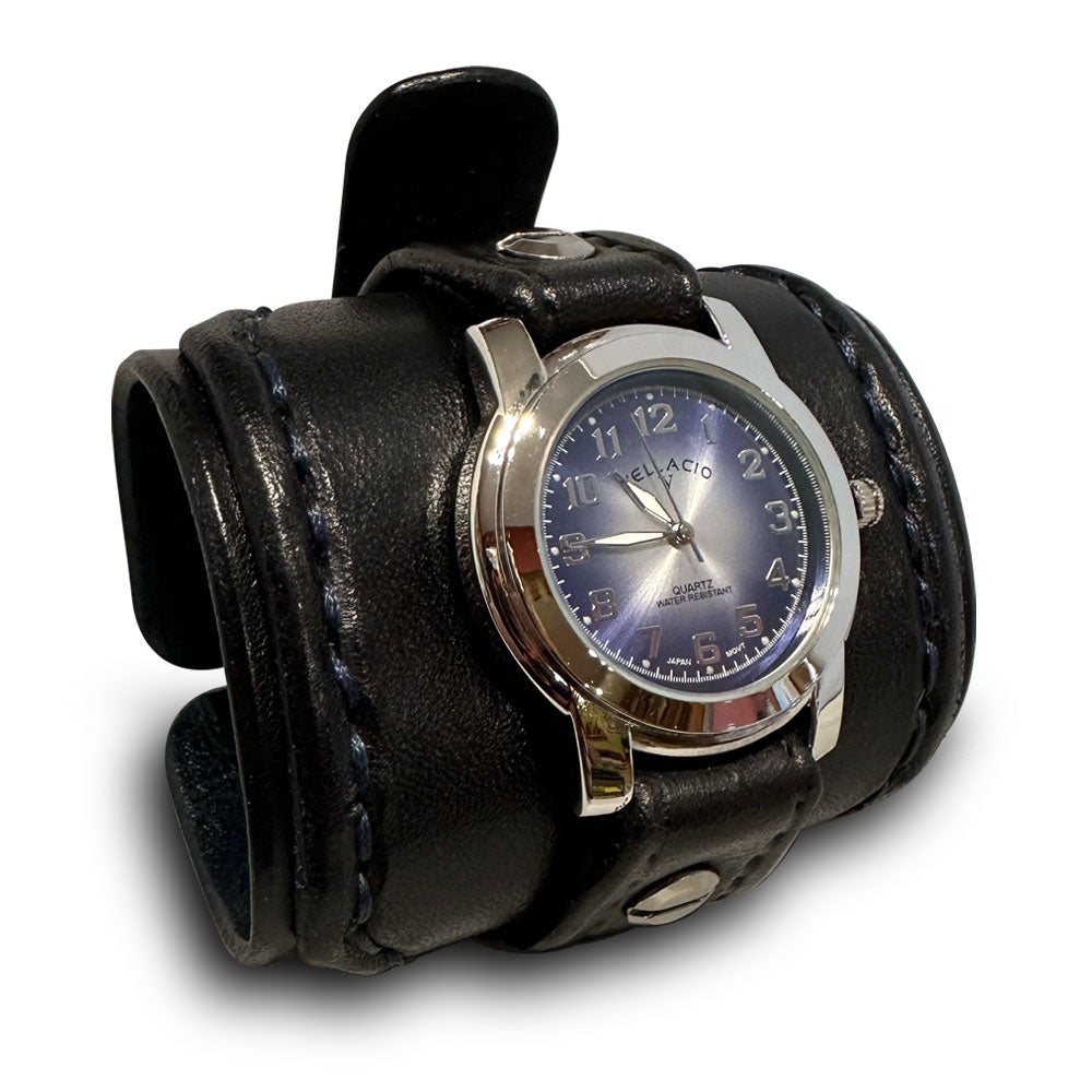 Black & Blue Layered Leather Cuff Watch Layered & Stitched Cuff-Leather Cuff Watches-Rockstar Leatherworks™