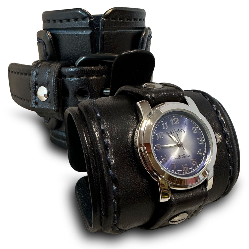 Black & Blue Layered Leather Cuff Watch Layered & Stitched Cuff-Leather Cuff Watches-Rockstar Leatherworks™
