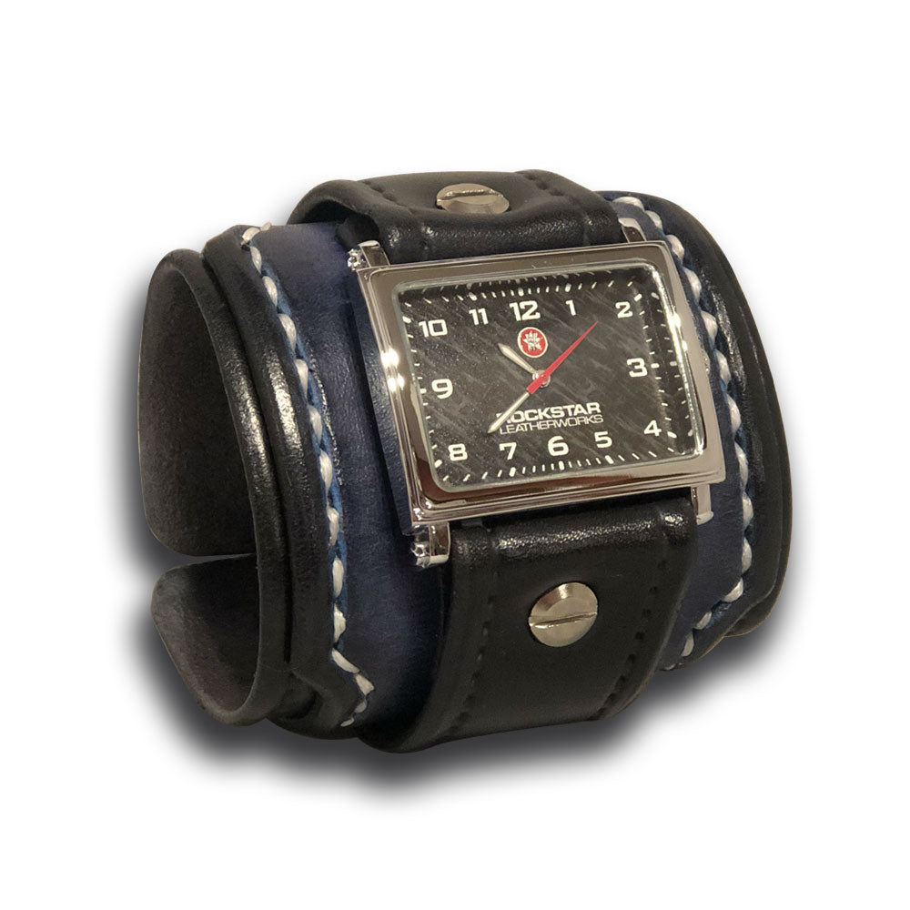 Black & Blue Layered Leather Cuff Watch with White Stitching-Leather Cuff Watches-Rockstar Leatherworks™