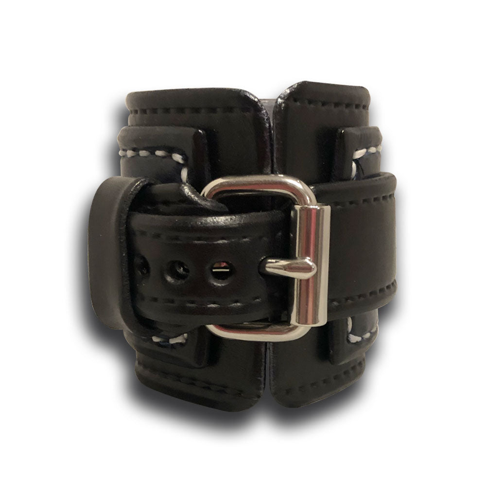 Black & Blue Layered Leather Cuff Watch with White Stitching-Leather Cuff Watches-Rockstar Leatherworks™