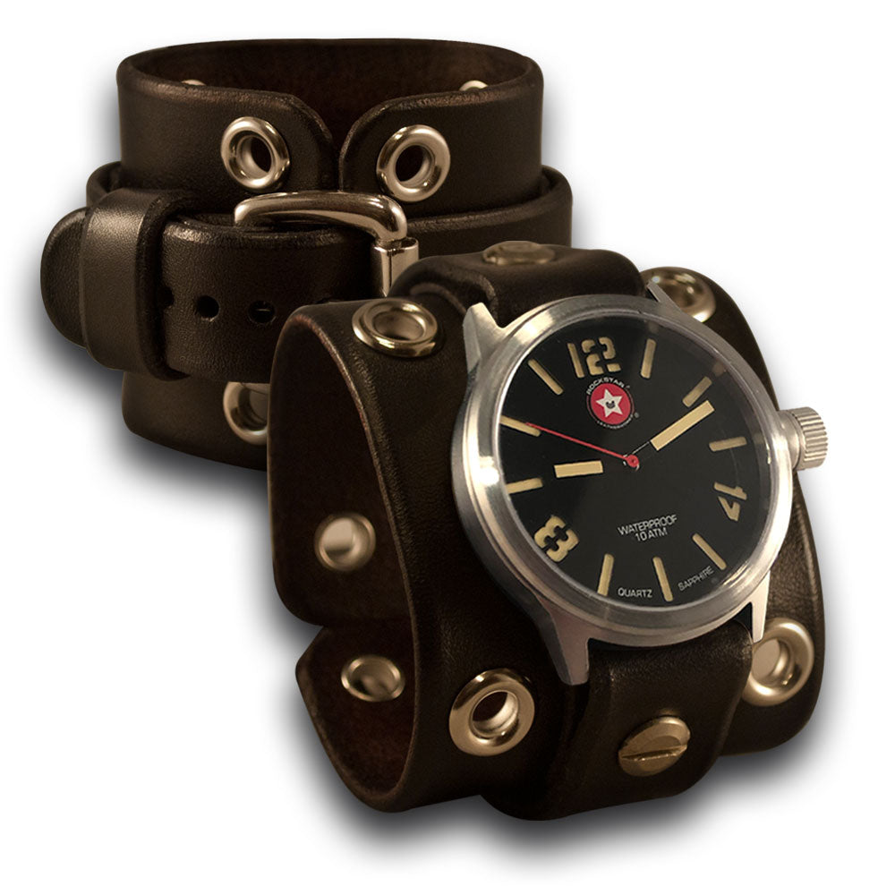 Black Leather Cuff Watch with Stainless Steel Eyelets & Buckle-Leather Cuff Watches-Rockstar Leatherworks™