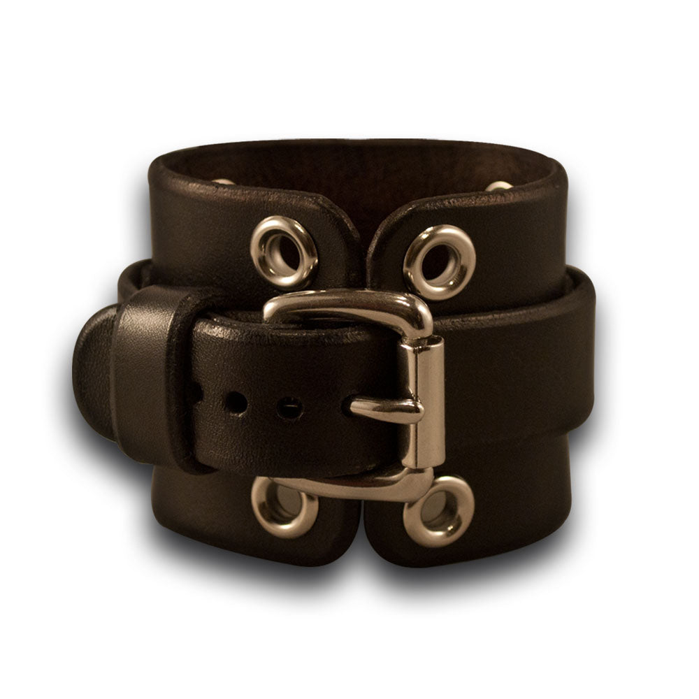 Black Leather Cuff Watch with Stainless Steel Eyelets & Buckle-Leather Cuff Watches-Rockstar Leatherworks™