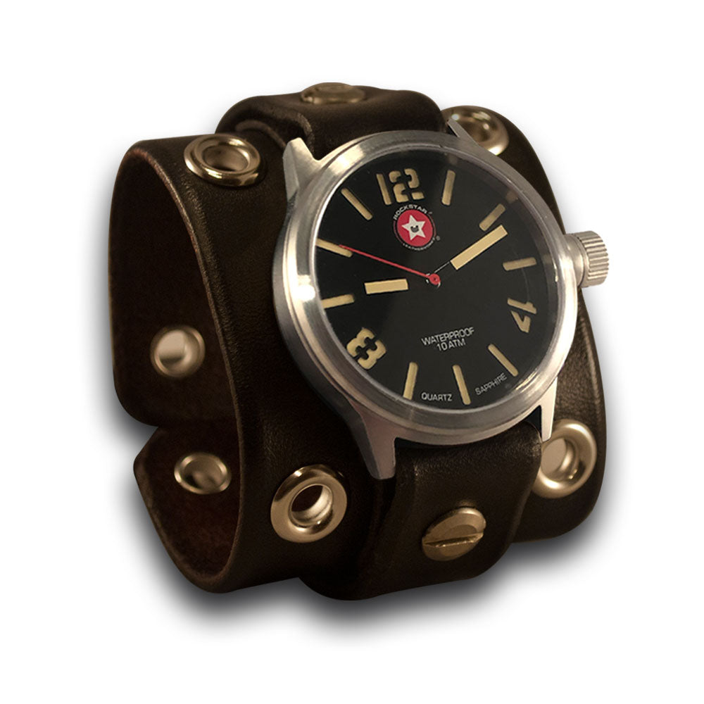 Black Leather Cuff Watch with Stainless Steel Eyelets & Buckle-Leather Cuff Watches-Rockstar Leatherworks™