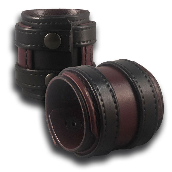 Black & Bordeaux Layered Double Strap Leather Cuff with Black
