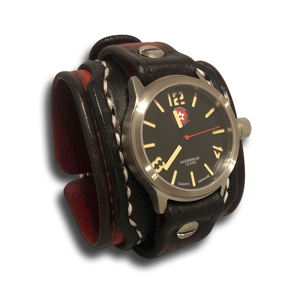 Black & Red 42mm Layered Leather Cuff Watch - Rockstar Black & Red 42mm Layered Leather Cuff Watch - Rockstar