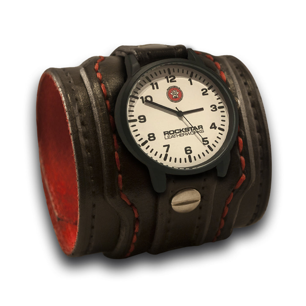Black & Red Wide Layered Leather Cuff Watch with Snap-Leather Cuff Watches-Rockstar Leatherworks™