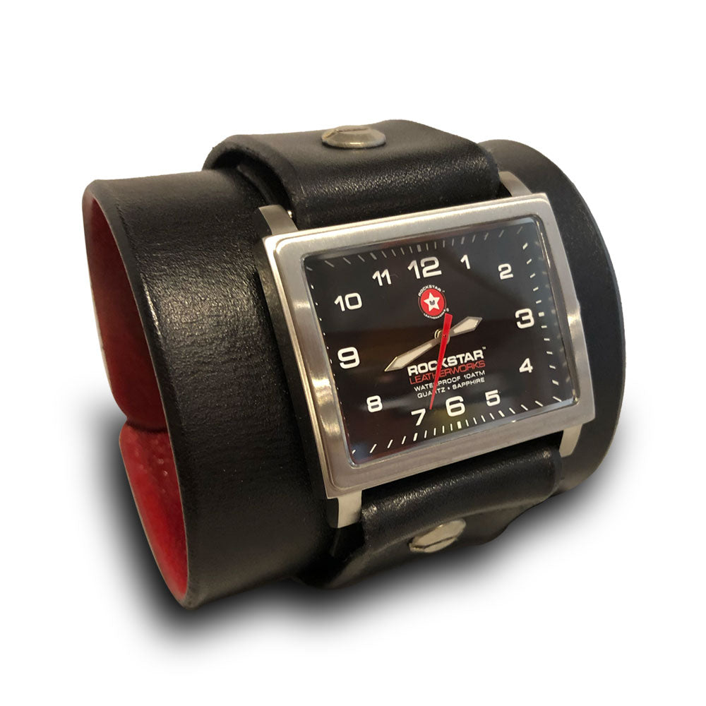 Black Rockstar Leather Cuff Watch - Stainless, Sapphire, 10ATM-Leather Cuff Watches-Rockstar Leatherworks™
