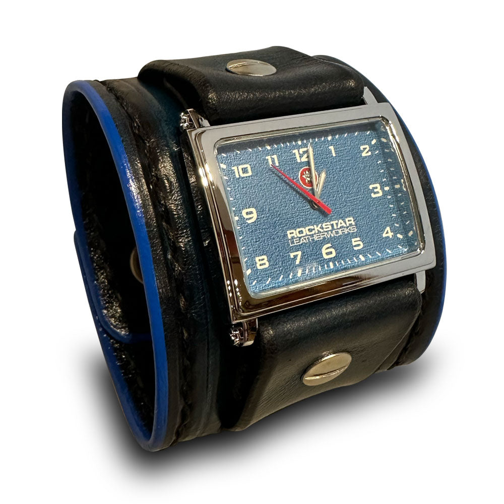 Dark Blue Leather Cuff Watch with Black Hand Stitching & Snaps-Leather Cuff Watches-Rockstar Leatherworks™