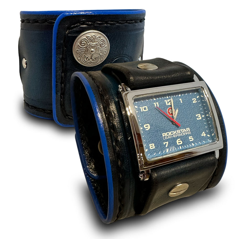 Dark Blue Leather Cuff Watch with Black Hand Stitching &amp; Snaps-Leather Cuff Watches-Rockstar Leatherworks™