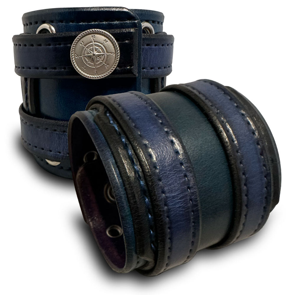 Blue Stressed Layered Double Strap Leather Cuff with Compass Snaps